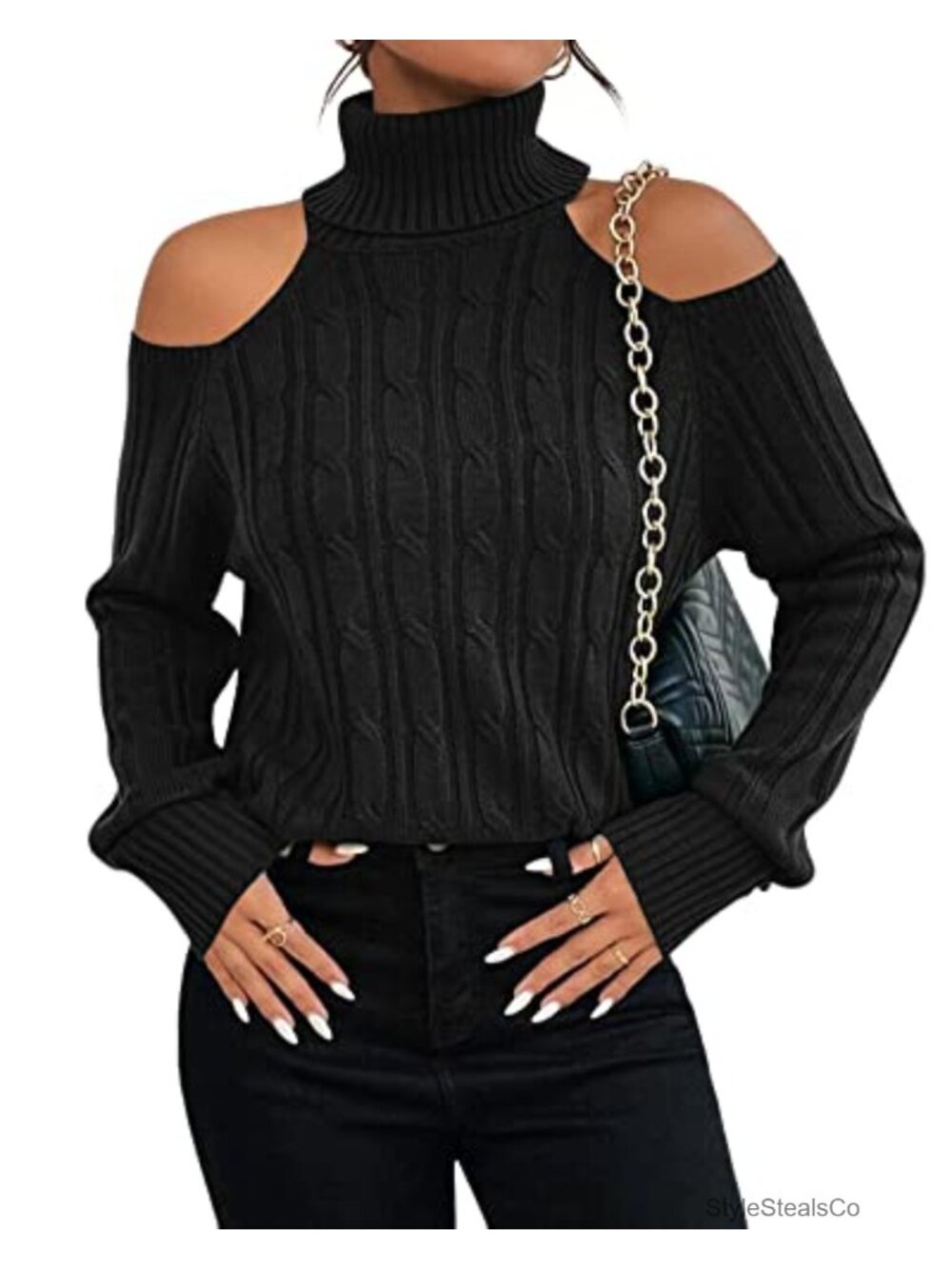 Womens Turtleneck Cold Shoulder Cable Knit Sweater Long Sleeve Pullover